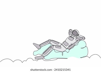 Single continuous line drawing of young astronaut relaxing laying on clouds after wormhole exploration. Future technology development. Cosmonaut deep space. One line graphic design vector illustration