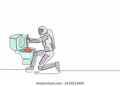 Single continuous line drawing young astronaut fix plumbing toilet leakage or clogging in moon surface. Plumber repair household tool. Cosmonaut deep space. One line graphic design vector illustration