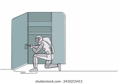 Single continuous line drawing young astronaut carpenter assembling of wardrobe or cabinet with shelves. Future home decoration. Cosmonaut deep space. One line draw graphic design vector illustration