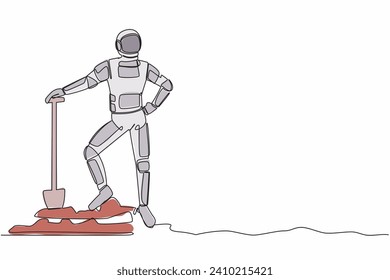 Single continuous line drawing of young astronaut standing and holding shovel on dug ground. Excited spaceman find treasures in dirt. Cosmonaut deep space. One line graphic design vector illustration