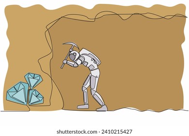 Single continuous line drawing of young astronaut digging with pickaxe in moon underground tunnel to get diamond. Cosmonaut deep space concept. Dynamic one line draw graphic design vector illustration