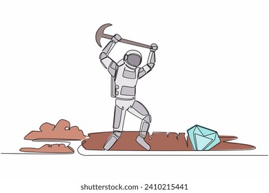 Single continuous line drawing of young astronaut in moon hole prancing while lifting pickaxe with hands. Spaceman mining for diamond. Cosmonaut deep space. One line graphic design vector illustration