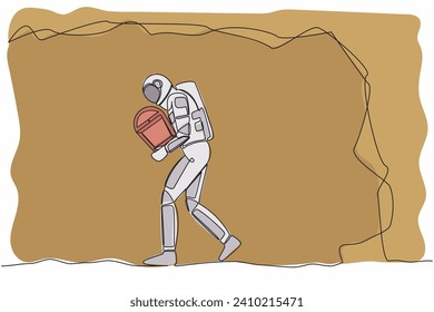 Single continuous line drawing young astronaut carrying treasure chest from moon underground. Treasure digging, growth wealth process. Cosmonaut deep space. One line graphic design vector illustration
