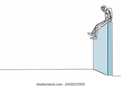 Single continuous line drawing young astronaut sitting on wall thinking of loss in space company due to financial or economic crisis. Cosmonaut deep space. One line graphic design vector illustration