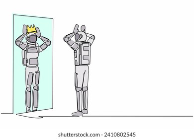 Single continuous line drawing young astronaut looking at mirror and seeing in reflection of himself with crown on his head. Cosmonaut deep space concept. One line graphic design vector illustration