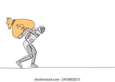 Single continuous line drawing young astronaut carrying heavy money bag on his back in moon surface. Get big profit from space industry. Cosmonaut deep space. One line draw design vector illustration