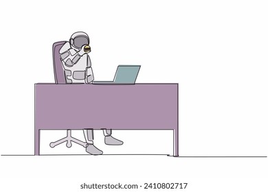 Single continuous line drawing young astronaut eating burger fast food at working desk in moon surface. Unhealthy lifestyle concept. Cosmonaut deep space. One line graphic design vector illustration