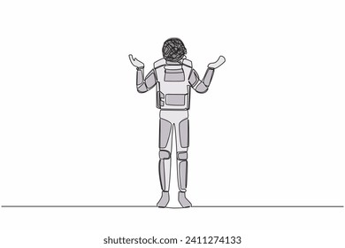Single continuous line drawing of young astronaut with round scribble instead of head, standing with two hand raised asking questions. Cosmonaut deep space. One line graphic design vector illustration