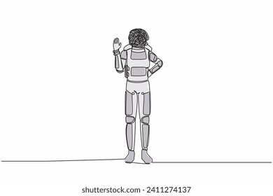 Single continuous line drawing of young astronaut with round scribbles instead of head, making stop gesture sign with hand, saying no. Cosmonaut deep space. One line graphic design vector illustration