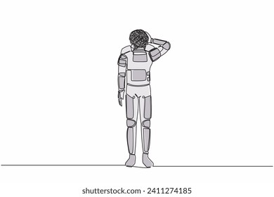 Single continuous line drawing young astronaut with round scribbles instead of head, suffer headache, workload in space industry. Cosmonaut deep space. One line draw graphic design vector illustration