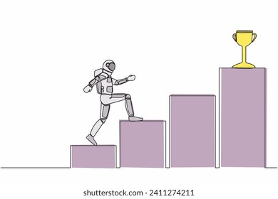Single continuous line drawing of young astronaut run on graph staircase to get trophy. Way to achieve goal in spaceship exploration. Cosmonaut deep space. One line graphic design vector illustration
