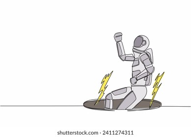 Single continuous line drawing young astronaut fell into manhole underground sewer. Spaceman fell into sewage. Space business failure. Cosmonaut deep space. One line graphic design vector illustration