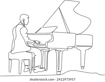 Single continuous line drawing of young happy male pianist playing classic grand piano on music concert orchestra. Musician artist performance concept one line draw design graphic vector illustration