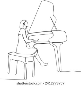 Single continuous line drawing of young happy male pianist playing classic grand piano on music concert orchestra. Musician artist performance concept one line draw design graphic vector illustration