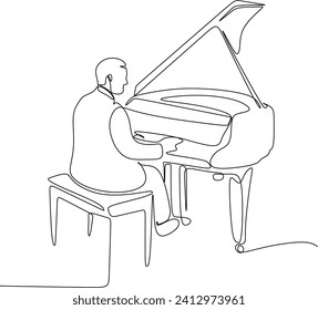 Single continuous line drawing of young happy male pianist playing classic grand piano on music concert orchestra. Musician artist performance concept one line draw design graphic vector illustration