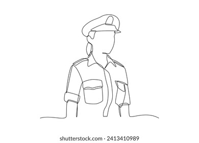 Single continuous line drawing of young soldier pose use military uniform. Professional work job occupation. Minimalism concept one line draw graphic design vector illustration