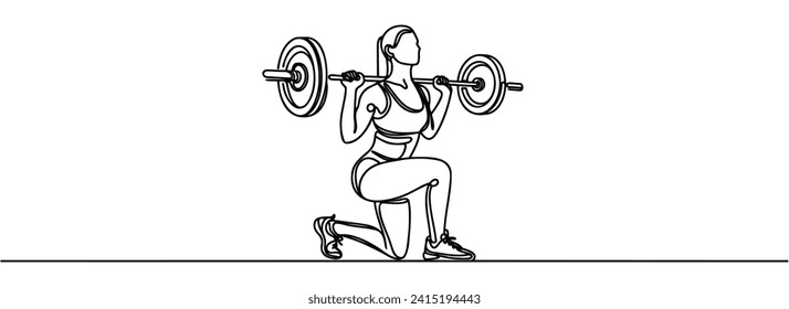 Single continuous line drawing of a young girl with a barbell in the gym