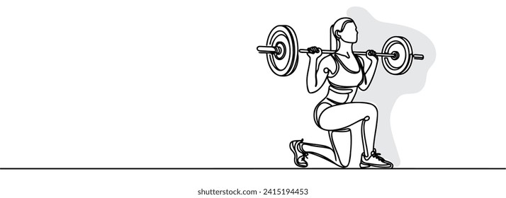 Single continuous line drawing of a young girl with a barbell in the gym