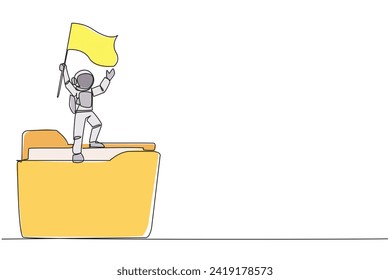 Single continuous line drawing young energetic astronaut standing on giant folder icon holding fluttering flag. Archiving expedition files to be used as a journal. One line design vector illustration