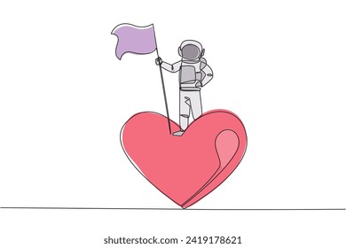 Single continuous line drawing young energetic astronaut standing on giant symbol heart. Astronauts do charity for fellow astronaut families. Cosmonaut deep space. One line design vector illustration