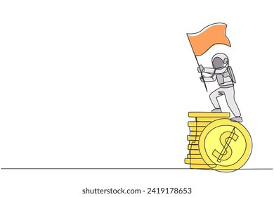 Una sola línea contínua dibujando a un joven astronauta enérgico parado en una bolsa de dinero gigante con una bandera ondulante. Astronauta rico y exitoso. Espacio ultraterrestre Cosmonauta. Ilustración vectorial de diseño de una línea