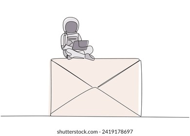 Single continuous line drawing young astronaut sitting on giant email typing laptop. Send invitations to meet online with the team on earth discussing expedition. One line design vector illustration