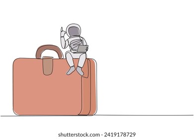 Single continuous line drawing young energetic astronaut sitting on giant briefcase holding laptop raise one hand. The first expedition to the surface of Mars. One line design vector illustration