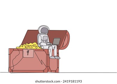 Single continuous line drawing young energetic astronaut sitting on open giant treasure chest typing laptop. Finding treasure chests on the surface of the moon. One line design vector illustration