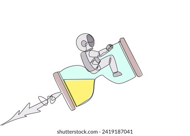 Single continuous line drawing young energetic astronaut rides on the rocket-like hourglass. When the countdown is over, the flight into space begins. Cosmonaut. One line design vector illustration