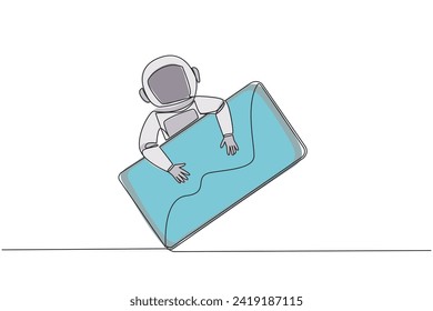Single continuous line drawing young energetic astronaut hugging handphone. Learn everything about the outer space galaxy from the mobile screen. Cosmonaut. Cosmic. One line design vector illustration