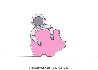 Single continuous line drawing young energetic astronaut hugging piggy bank. Saving money for the next expedition trip which is predicted to be longer. Cosmonaut. One line design vector illustration