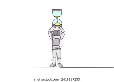 Single continuous line drawing young energetic astronaut lift up big hourglass above head. A tool used to countdown departures into outer space. Cosmic deep space. One line design vector illustration