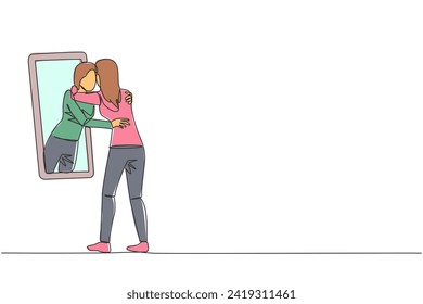 Single continuous line drawing of young beautiful woman stand in front of mirror. Her reflection get out of mirror and hug each other. Caring. Self love concept. One line design vector illustration