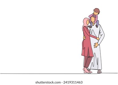 Single continuous line drawing of young Arabian woman hug her handsome husband who is holding their little cute son on shoulders hug. Happy Arabian family concept. One line design vector illustration