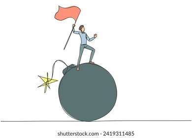 Single continuous line drawing of young businessman standing on large bomb with a burning fuse raising flag. Business danger near deadline. Time crisis management. One line design vector illustration