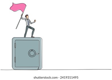 Single continuous line drawing of young businessman standing on giant safe deposit box raising flag. The importance of keeping documents business in a safe place. One line design vector illustration