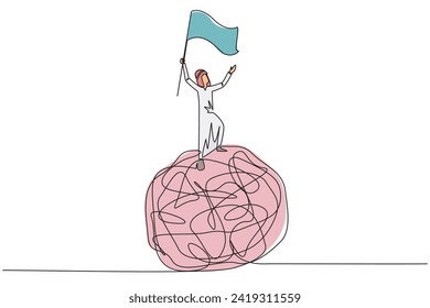 Single continuous line drawing of young Arabian businessman standing on giant tangled circle. Raising flag on his hand. Businessman who manage to get out of anxiety of mind. One line design vector