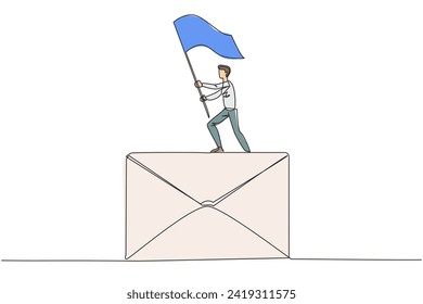 Single continuous line drawing of young businessman standing on giant email icon raising flag. Received a cooperation offer email that is very profitable for the company. One line design illustration