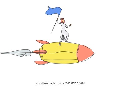 Single continuous line drawing of young successful Arabian businessman standing on flying rocket through the sky raising flag. Entrepreneur starting a new business startup. One line design vector