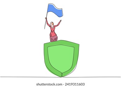 Single continuous line drawing of young Arabian businesswoman standing on giant shield raising flag. Network security businessman celebrating new cooperation with government. One line design vector