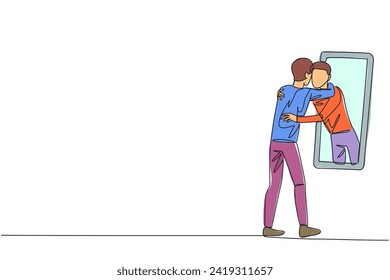 Single continuous line drawing of young happy trendy man stand in front of mirror. His reflection get out of mirror and hug each other. Caring. Self love concept. One line design vector illustration