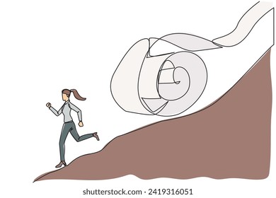 Single continuous line drawing of young businesswoman runs down hill while being chased by rolls of paper bills. Chased by ever-growing bills. Business failure. One line design vector illustration