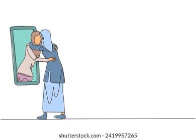 Single continuous line drawing of young Arabian woman stand in front of mirror. Her reflection get out of mirror and hug each other. Accepting one body and soul. One line design vector illustration