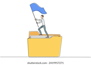 Single continuous line drawing of young successful businessman standing on giant symbol folder holding flag of victory. Businessman with big folder doing charity. One line design vector illustration