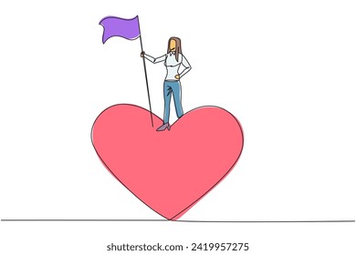 Dibujo de una línea contínua de una joven exitosa mujer de negocios sobre un enorme símbolo de corazón con bandera de victoria. Mujer de negocios con gran corazón haciendo caridad. Ilustración vectorial de diseño de una línea