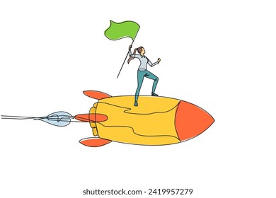 Single continuous line drawing of young successful businesswoman standing on flying rocket through the sky raising the flag. Entrepreneur starting a new business startup. One line design illustration