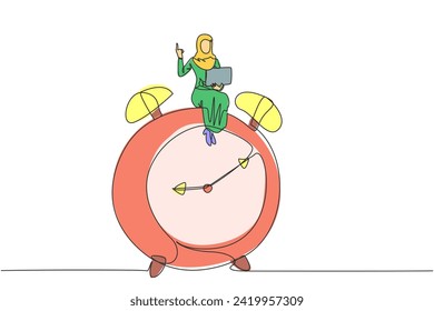 Single continuous line drawing of young Arabian businesswoman sitting on giant alarm clock while holding laptop. Showing one finger meaning having great idea when deadline will comes. One line design