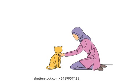 Single continuous line drawing of young Arabian woman hugging hugging her beloved cat. Kneeling, she put her cat on the floor. Stroking her cat and then asked to play. One line vector illustration