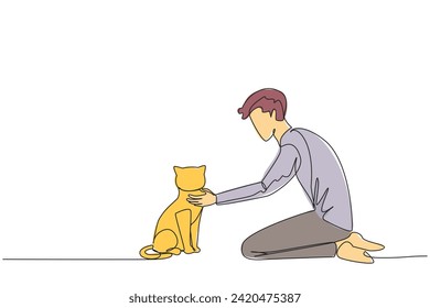 Single continuous line drawing of young energetic man knelt while stroking his beloved cat. Touching the neck. Animal lover. Caring for little cats with pleasure. One line design vector illustration
