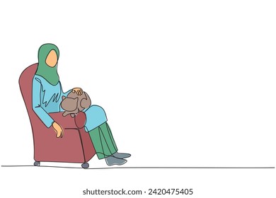 Single continuous line drawing of young beautiful Arabian woman sitting on the couch hugging the cat on her thigh. Owner of feline animal petting it with love. One line design vector illustration